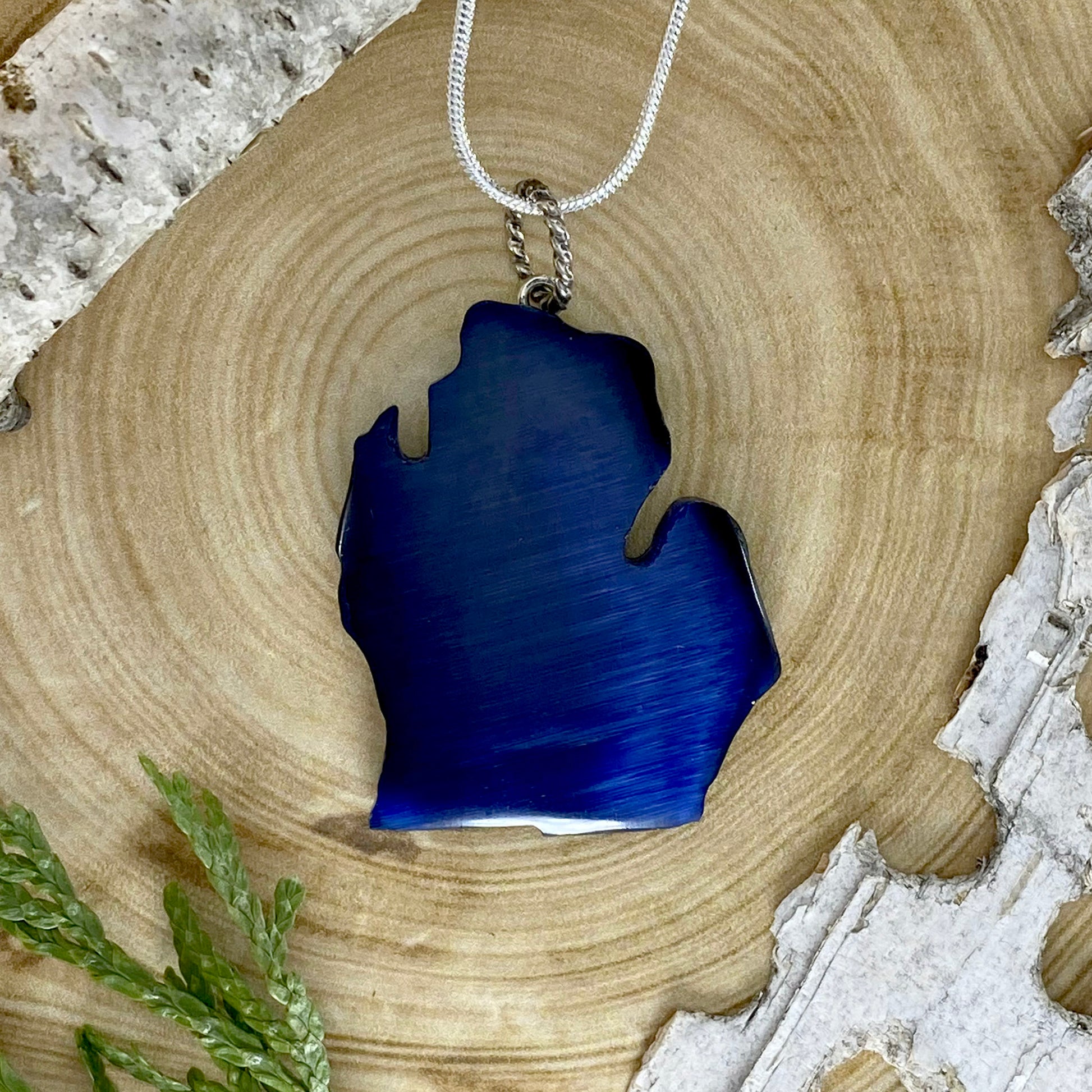 Michigan Shaped Fiber Optic Glass Pendant Necklace Front View - Stone Treasures by the Lake