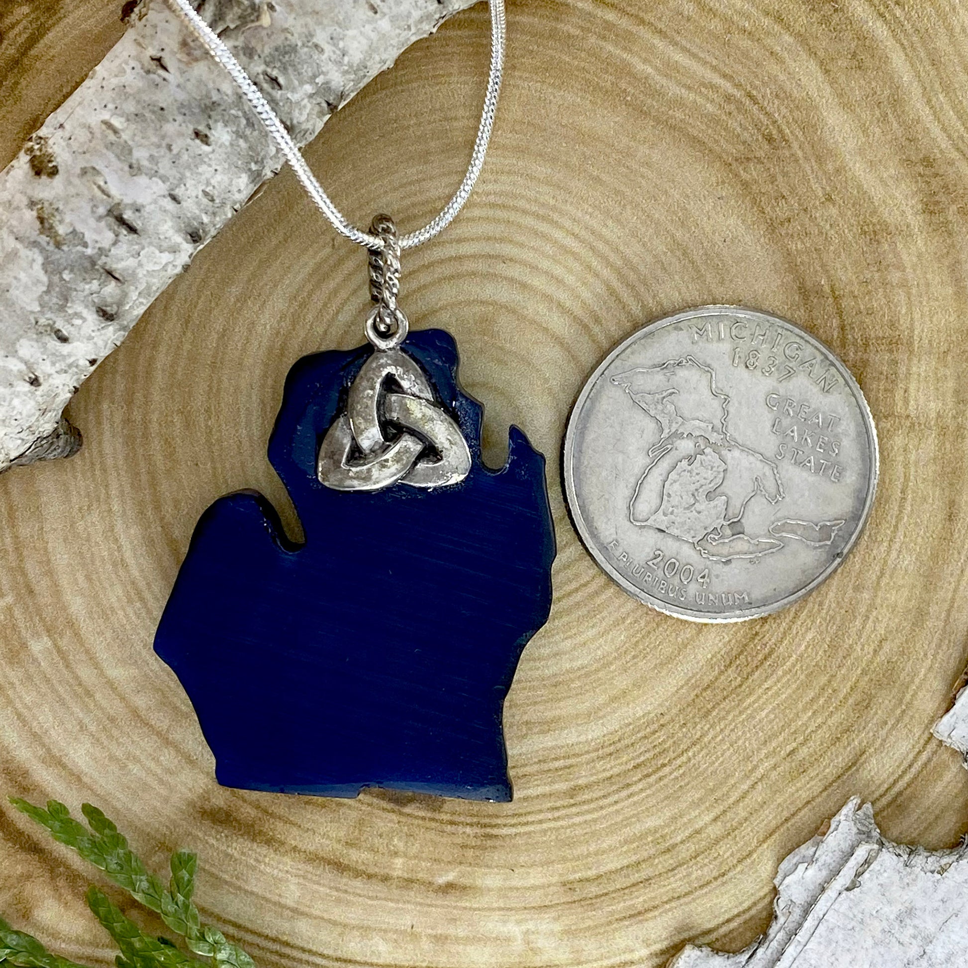 Michigan Shaped Fiber Optic Glass Pendant Necklace Back View - Stone Treasures by the Lake