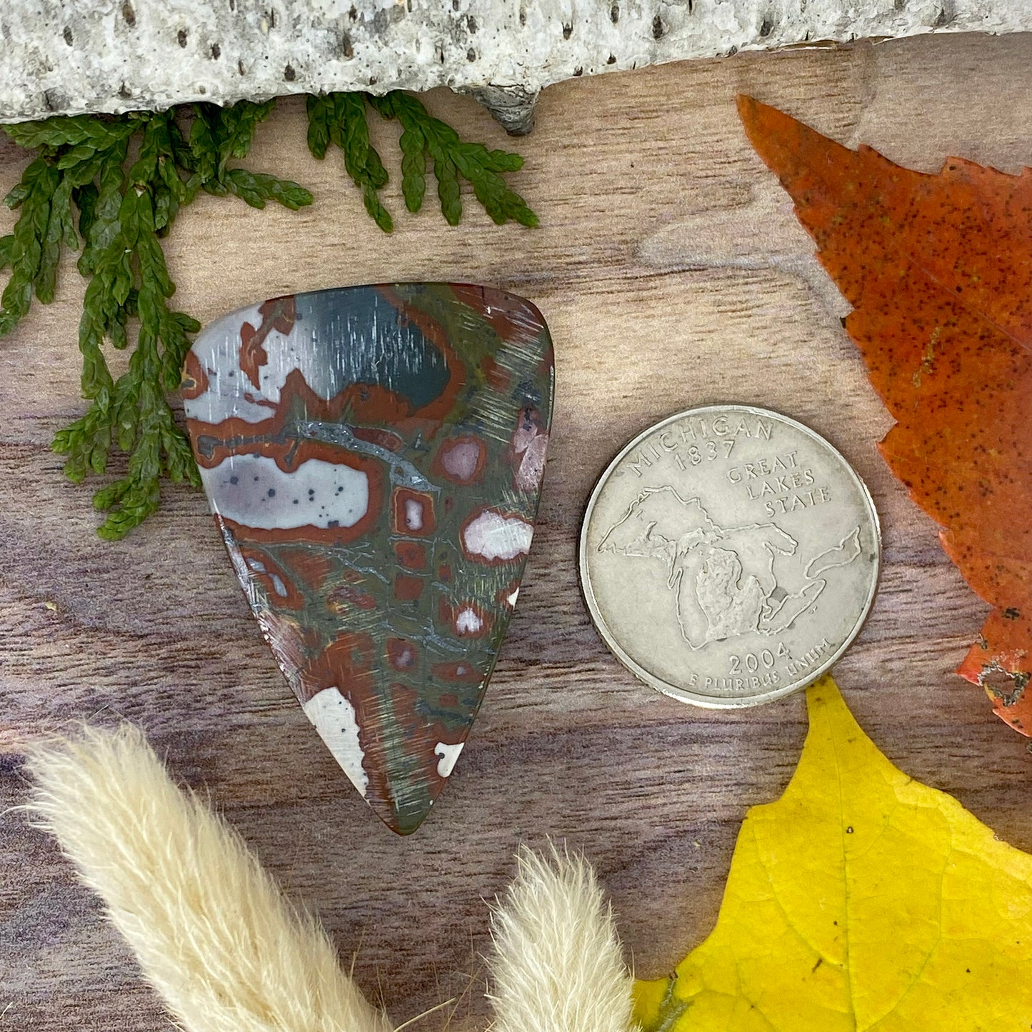 Red and Green Blanket Rhyolite Cabochon Back View - Stone Treasures by the Lake