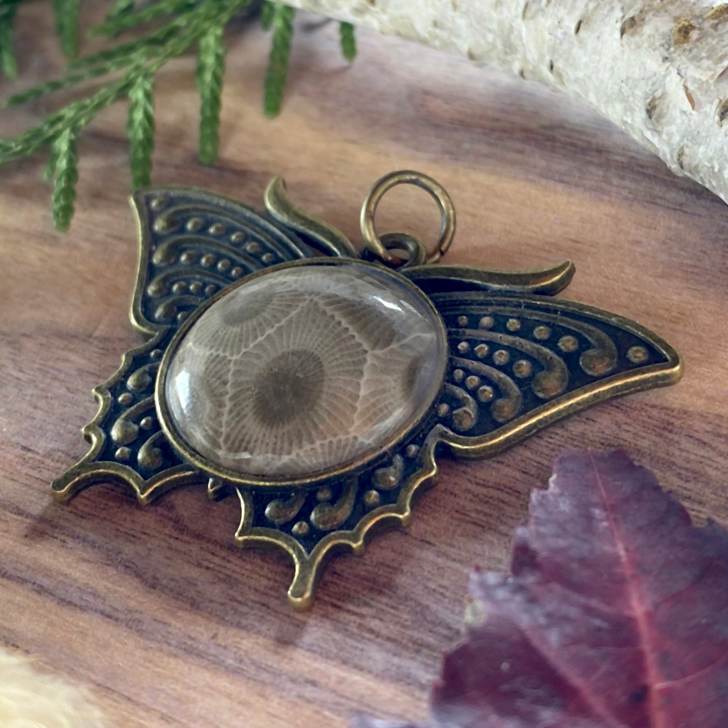 Petoskey Stone Butterfly Pendant Front View III - Stone Treasures by the Lake