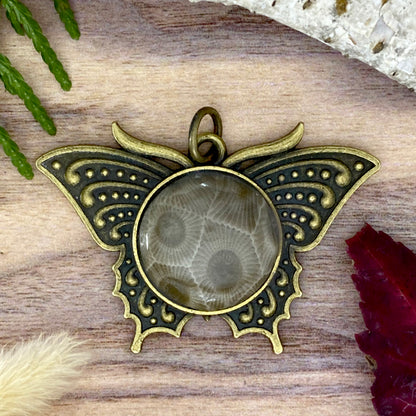 Petoskey Stone Butterfly Pendant Front View - Stone Treasures by the Lake