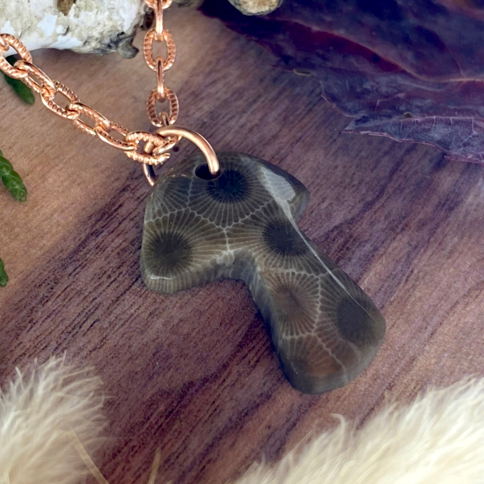 Petoskey Stone Mushroom Pendant Necklace Front View II - Stone Treasures by the Lake