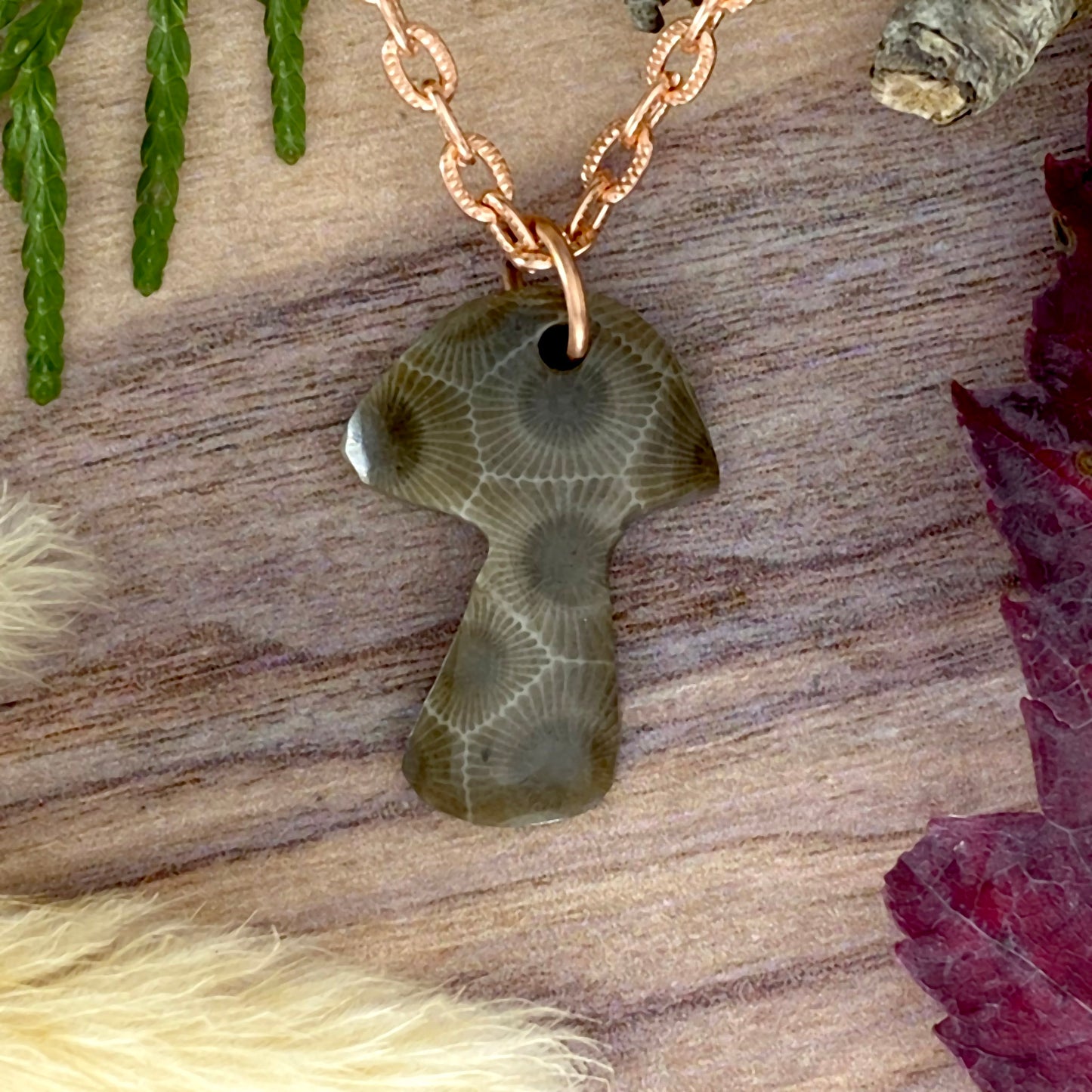 Petoskey Stone Mushroom Pendant Necklace Front View - Stone Treasures by the Lake