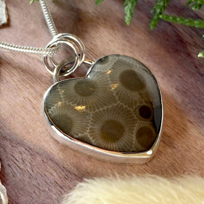 Petoskey Stone Heart Pendant Necklace Front View III - Stone Treasures by the Lake