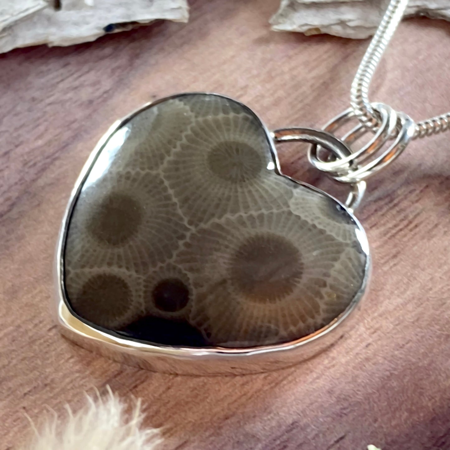 Petoskey Stone Heart Pendant Necklace Front View IV - Stone Treasures by the Lake