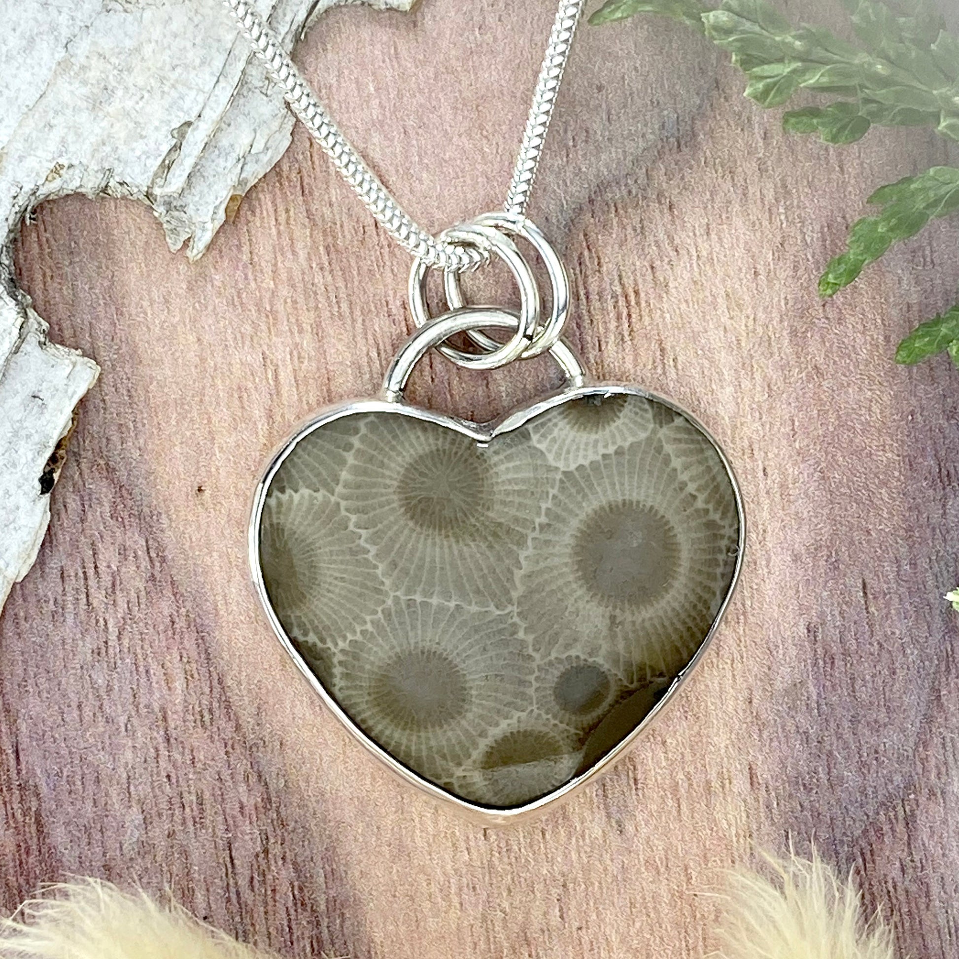 Petoskey Stone Heart Pendant Necklace Front View II - Stone Treasures by the Lake