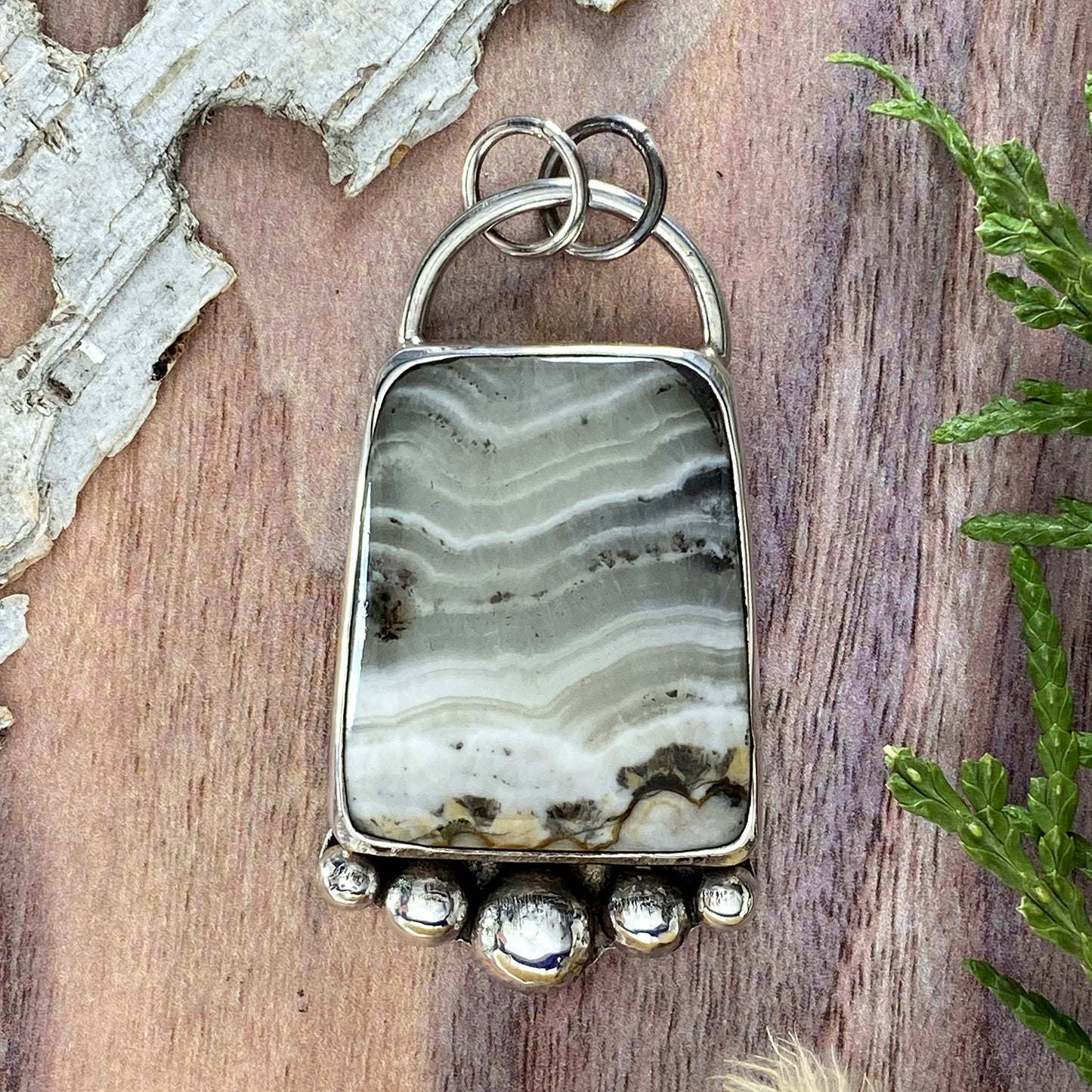 Sagenite Silver Lace Onyx Pendant Front View - Stone Treasures by the Lake