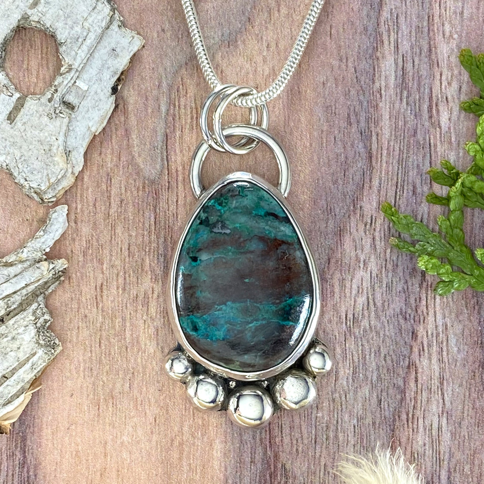 Chrysocolla Pendant Front View with chain - Stone Treasures by the Lake