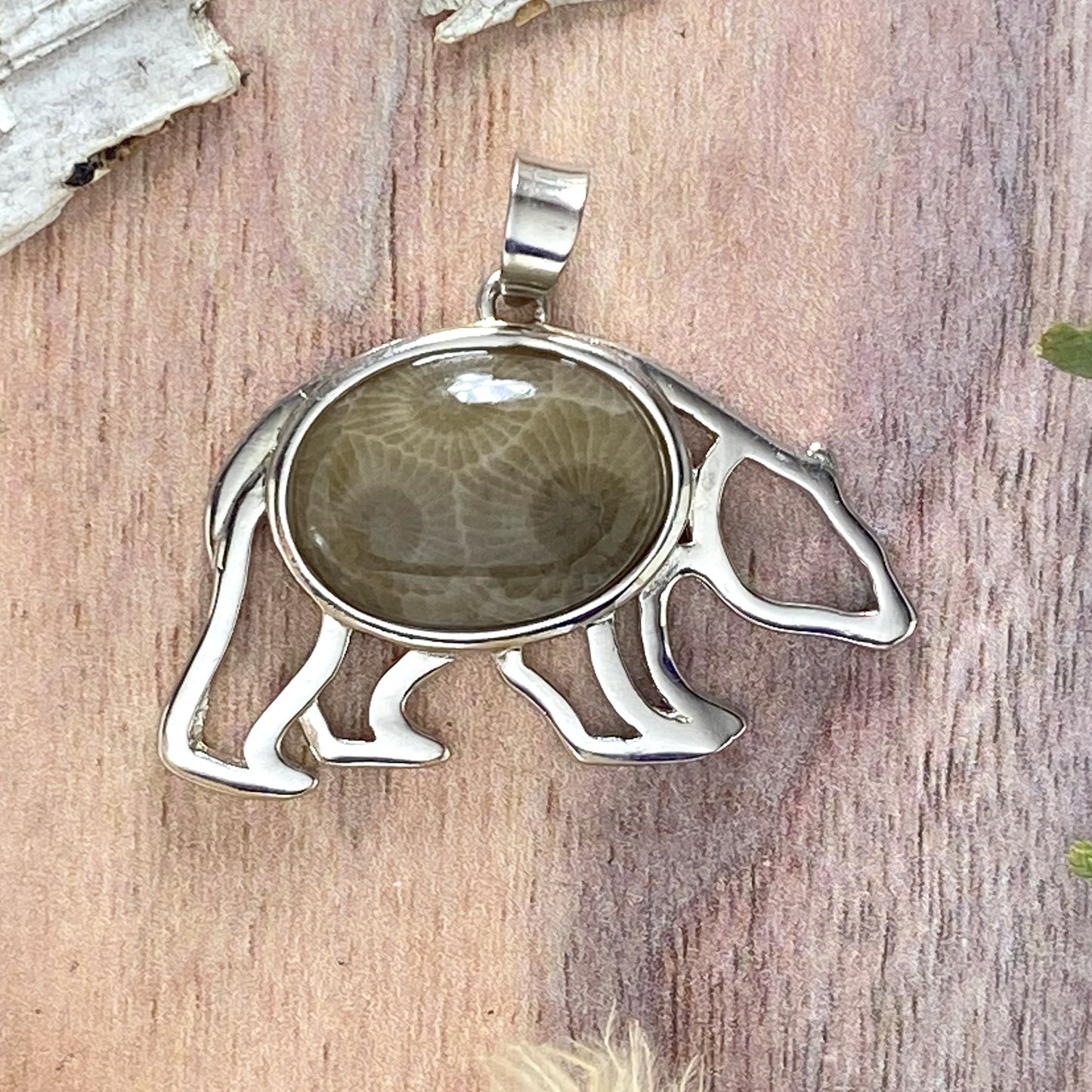 Petoskey Stone Bear Pendant Front View - Stone Treasures by the Lake