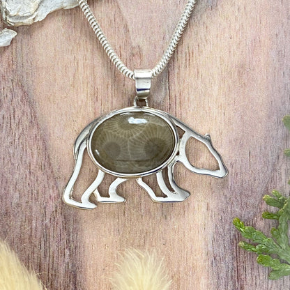Petoskey Stone Bear Pendant Front View IV - Stone Treasures by the Lake