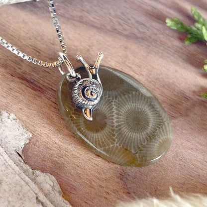 Petoskey Stone Pendant Necklace with Snail Charm Front View II - Stone Treasures by the Lake