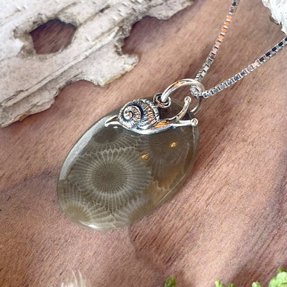 Petoskey Stone Pendant Necklace with Snail Charm Front View III - Stone Treasures by the Lake