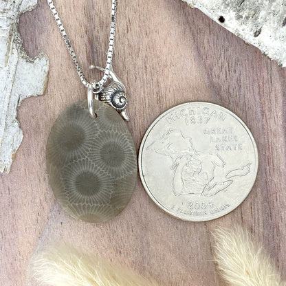 Petoskey Stone Pendant Necklace with Snail Charm Back View - Stone Treasures by the Lake