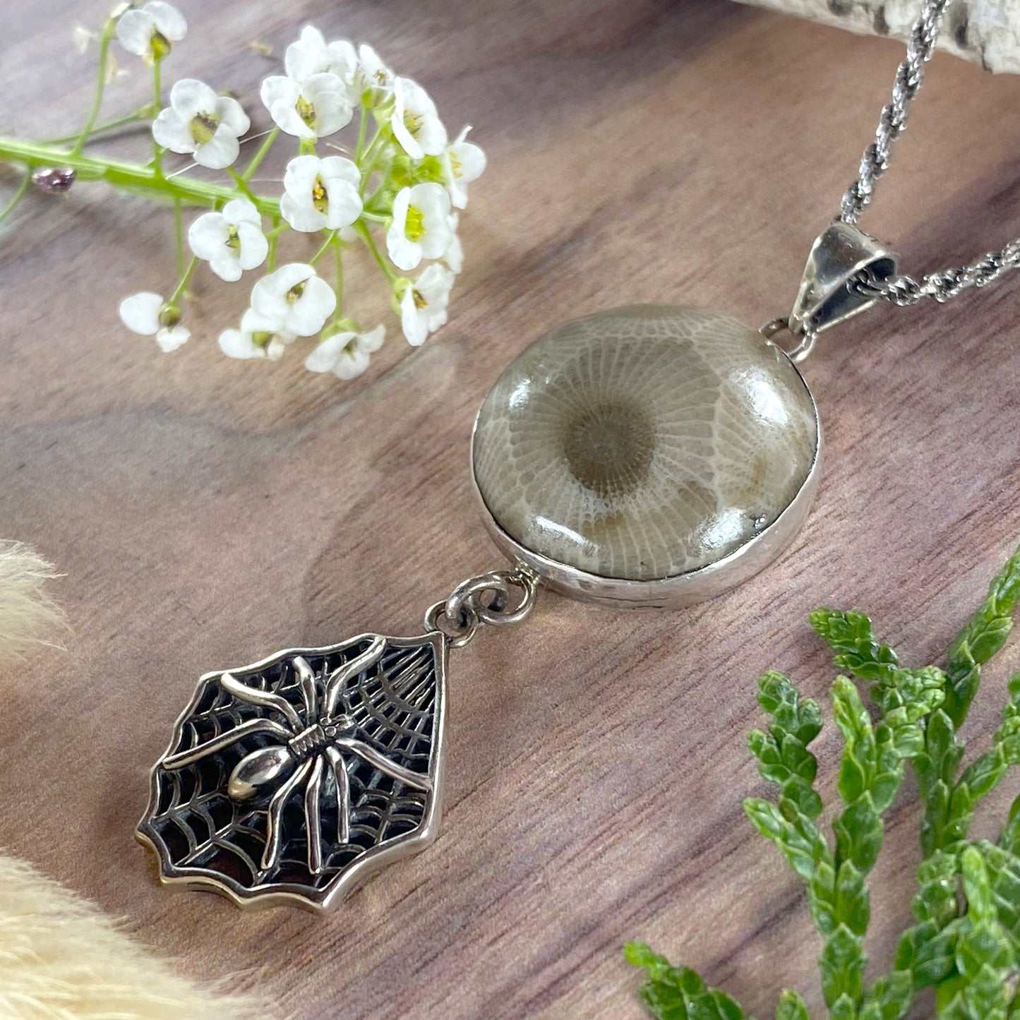 Petoskey Stone with Spider Charm Pendant Necklace Front View III - Stone Treasures by the Lake