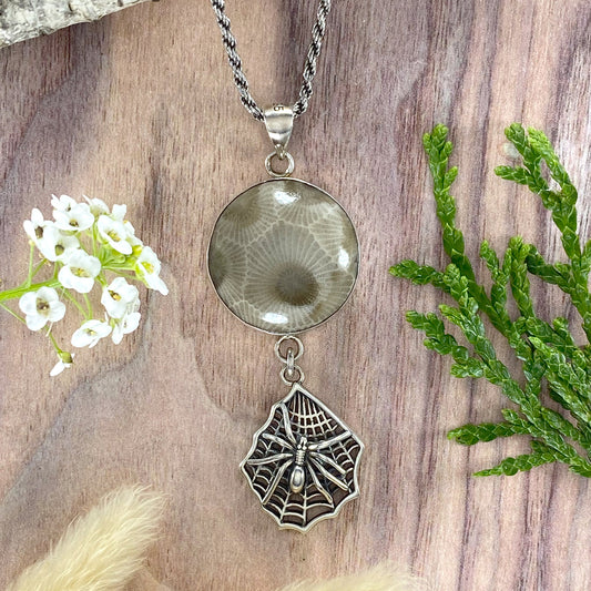 Petoskey Stone with Spider Charm Pendant Necklace Front View - Stone Treasures by the Lake