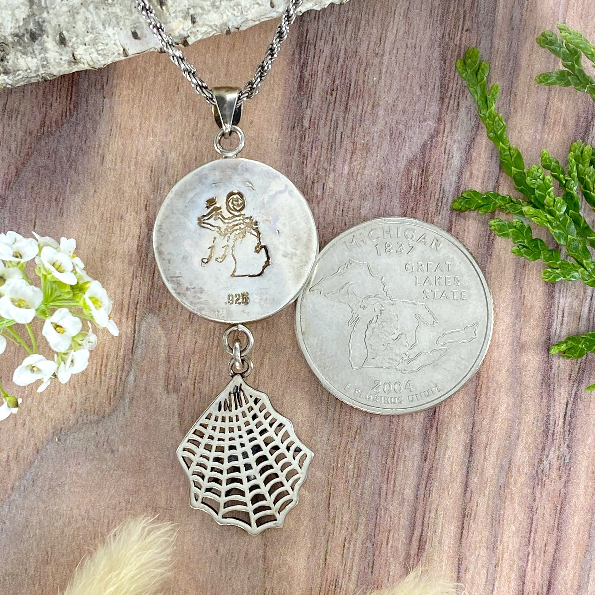 Petoskey Stone with Spider Charm Pendant Necklace Back View - Stone Treasures by the Lake