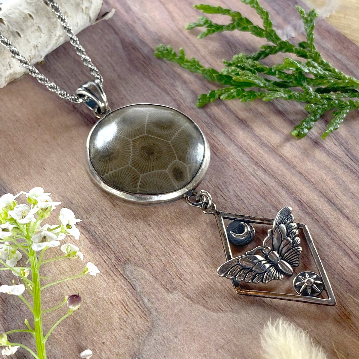 Petoskey Stone with Moth Charm Pendant Necklace Front View II - Stone Treasures by the Lake