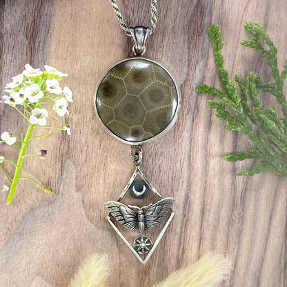 Petoskey Stone with Moth Charm Pendant Necklace Front View - Stone Treasures by the Lake