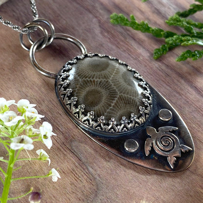 Petoskey Stone with Turtle Pendant Necklace Front View II - Stone Treasures by the Lake