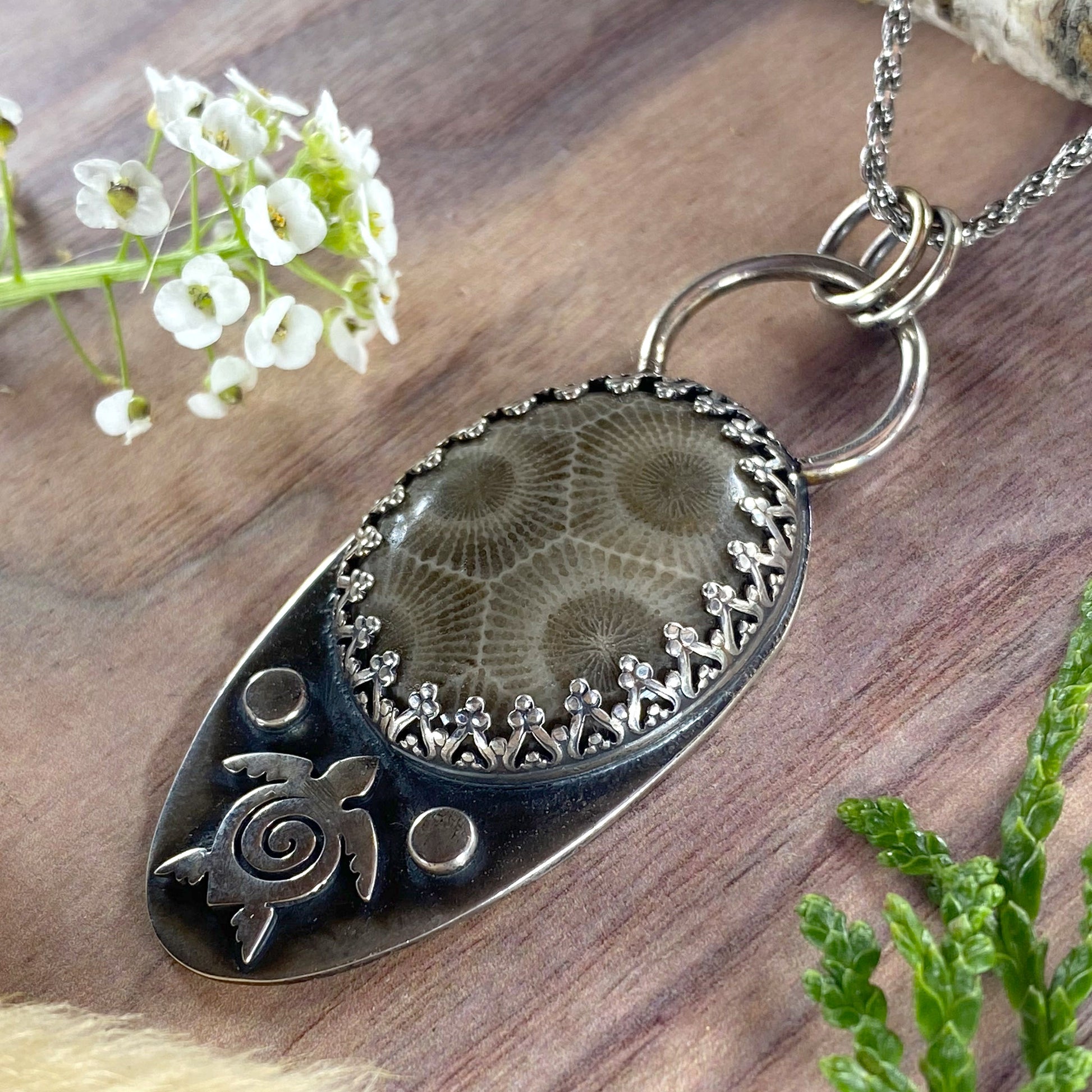 Petoskey Stone with Turtle Pendant Necklace Front View III - Stone Treasures by the Lake
