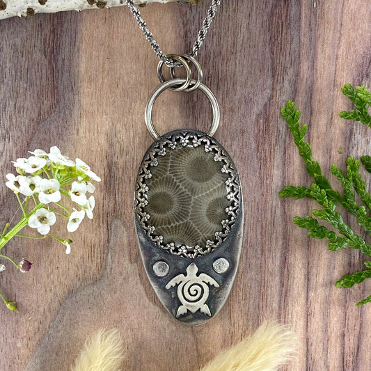 Petoskey Stone with Turtle Pendant Necklace Front View - Stone Treasures by the Lake