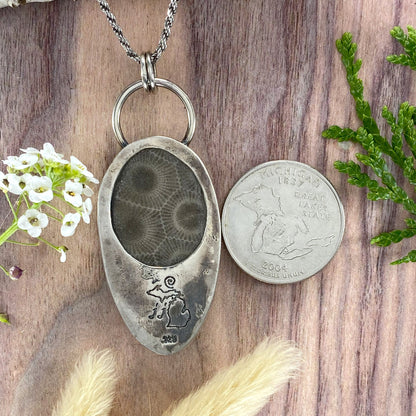 Petoskey Stone with Turtle Pendant Necklace Back View - Stone Treasures by the Lake
