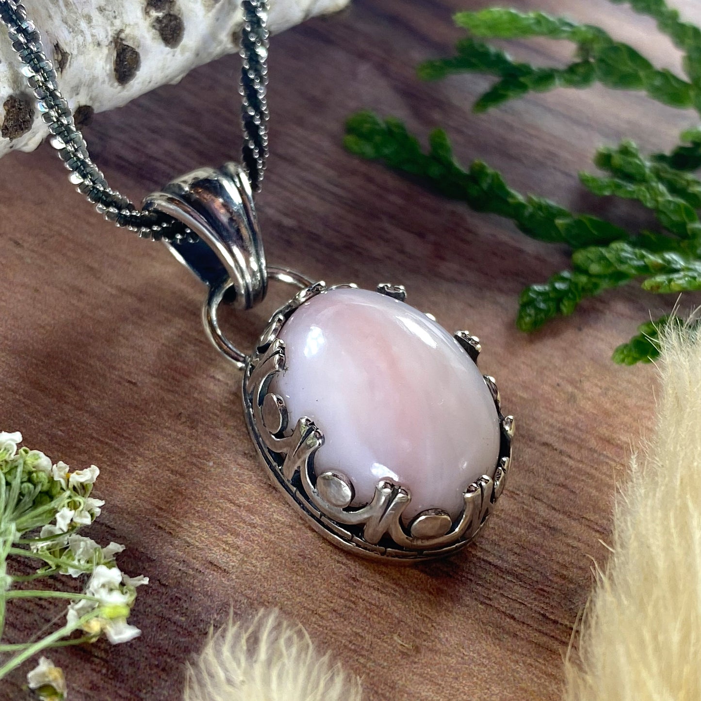 Peruvian Pink Opal Pendant Necklace Front View II - Stone Treasures by the Lake