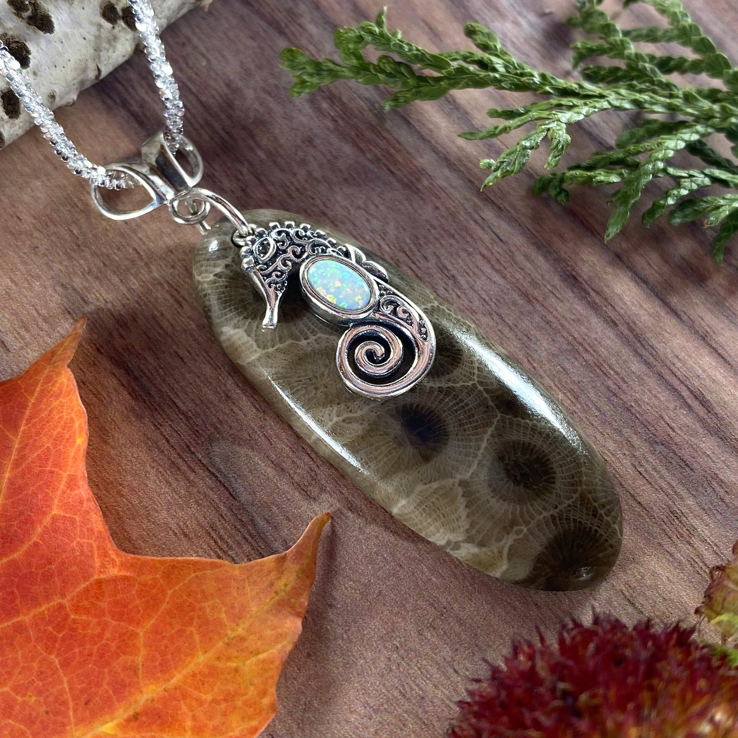 Petoskey Stone Seahorse Charm Pendant Front View II - Stone Treasures by the Lake