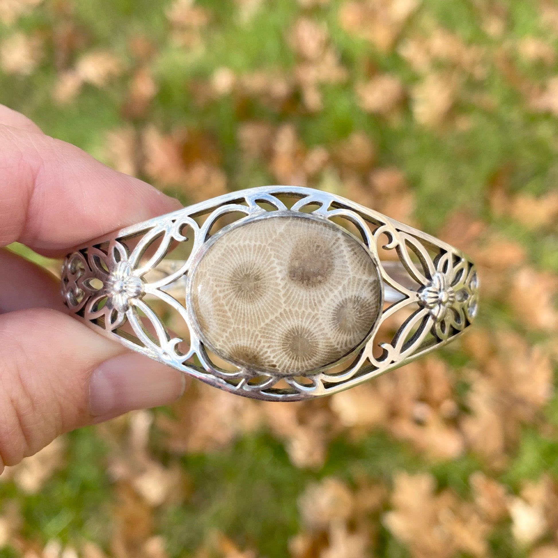 Petoskey Stone Cuff Bracelet Front View Outside Natural Lighting - Stone Treasures by the Lake