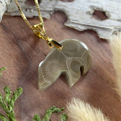 Petoskey Stone Bear Pendant Necklace Front View II - Stone Treasures by the Lake