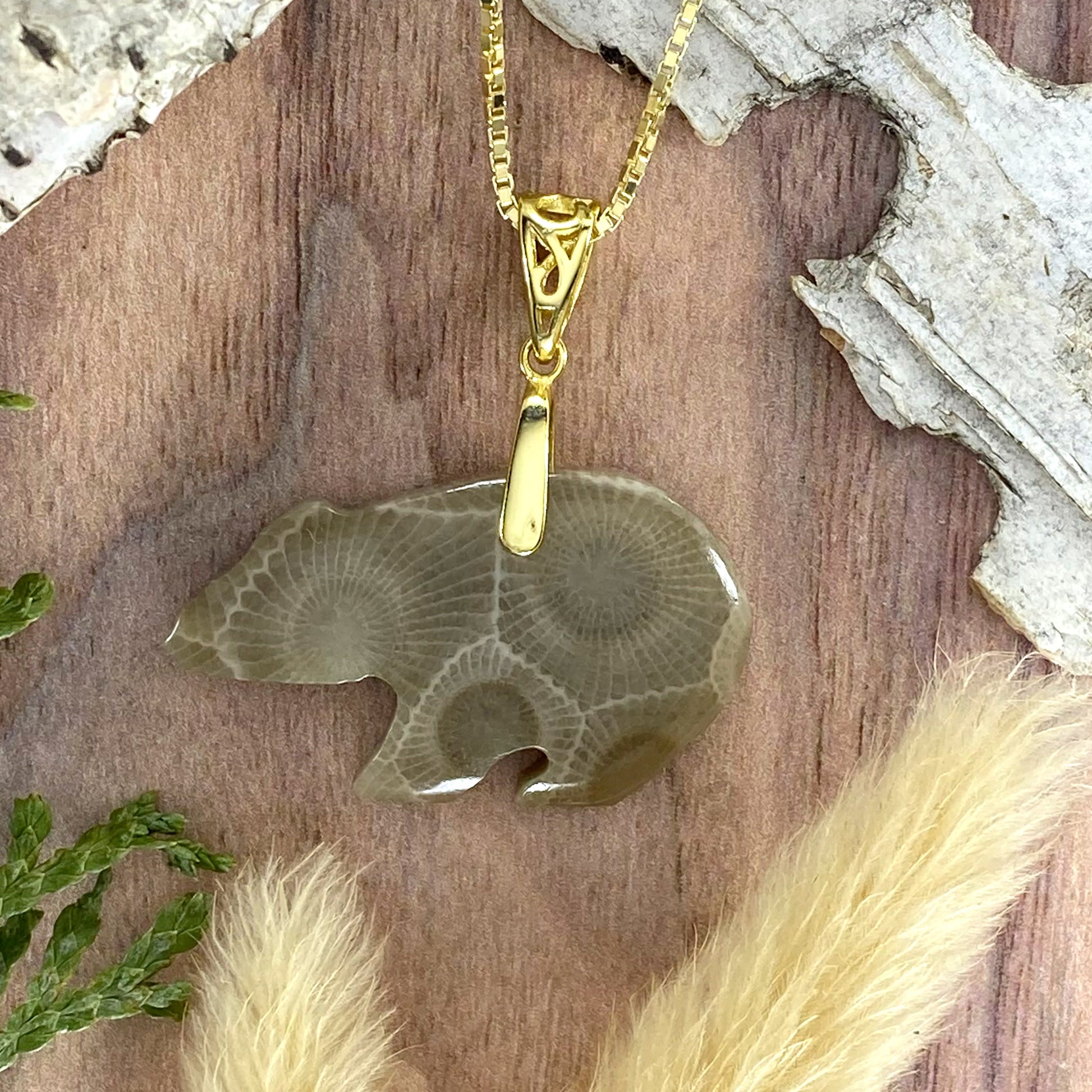 Petoskey Stone Bear Pendant Necklace A Front View - Stone Treasures by the Lake