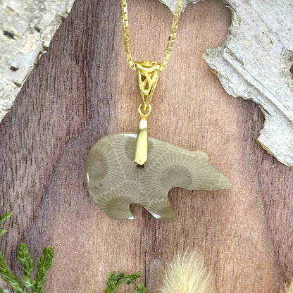 Petoskey Stone Bear Pendant Necklace B Front View - Stone Treasures by the Lake