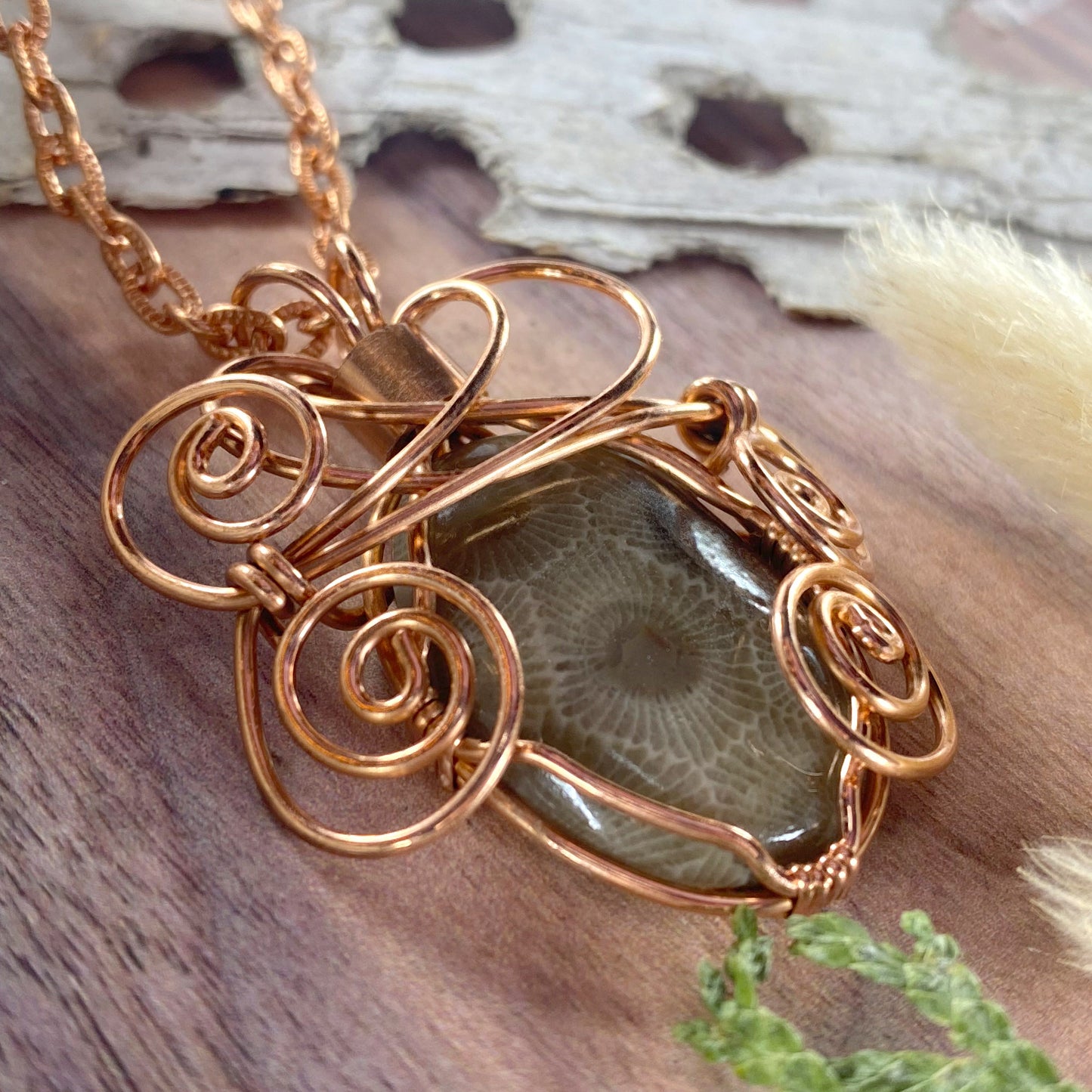 Petoskey Stone Wire-Wrapped Necklace Front View II - Stone Treasures by the Lake