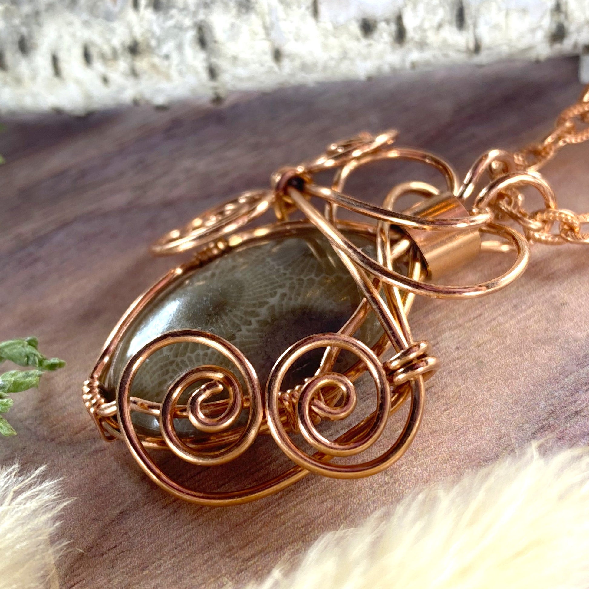 Petoskey Stone Wire-Wrapped Necklace Front View III - Stone Treasures by the Lake