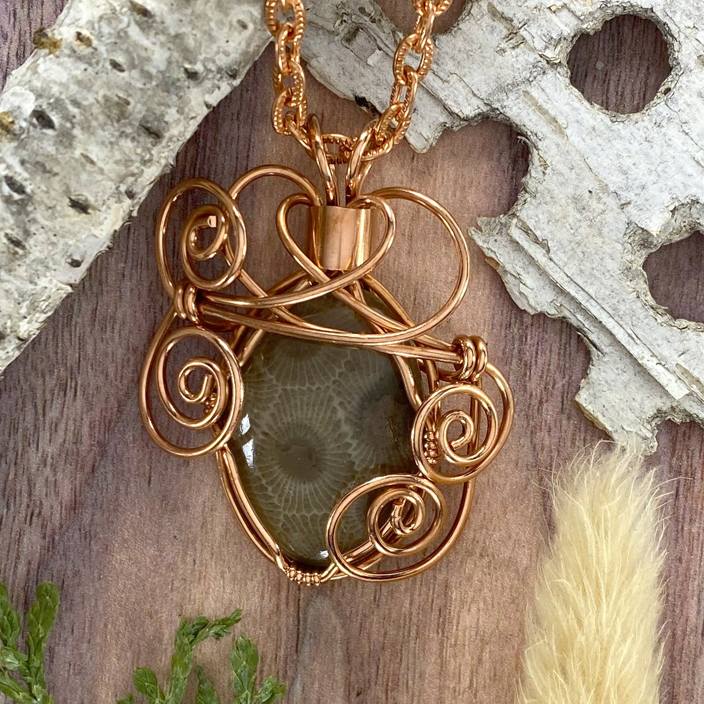 Petoskey Stone Wire-Wrapped Necklace Front View - Stone Treasures by the Lake
