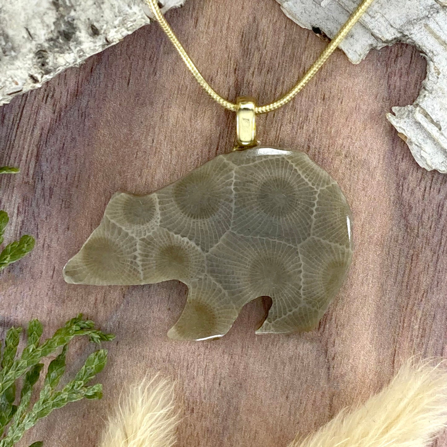 Petoskey Stone Bear Pendant Necklace Front View - Stone Treasures by the Lake