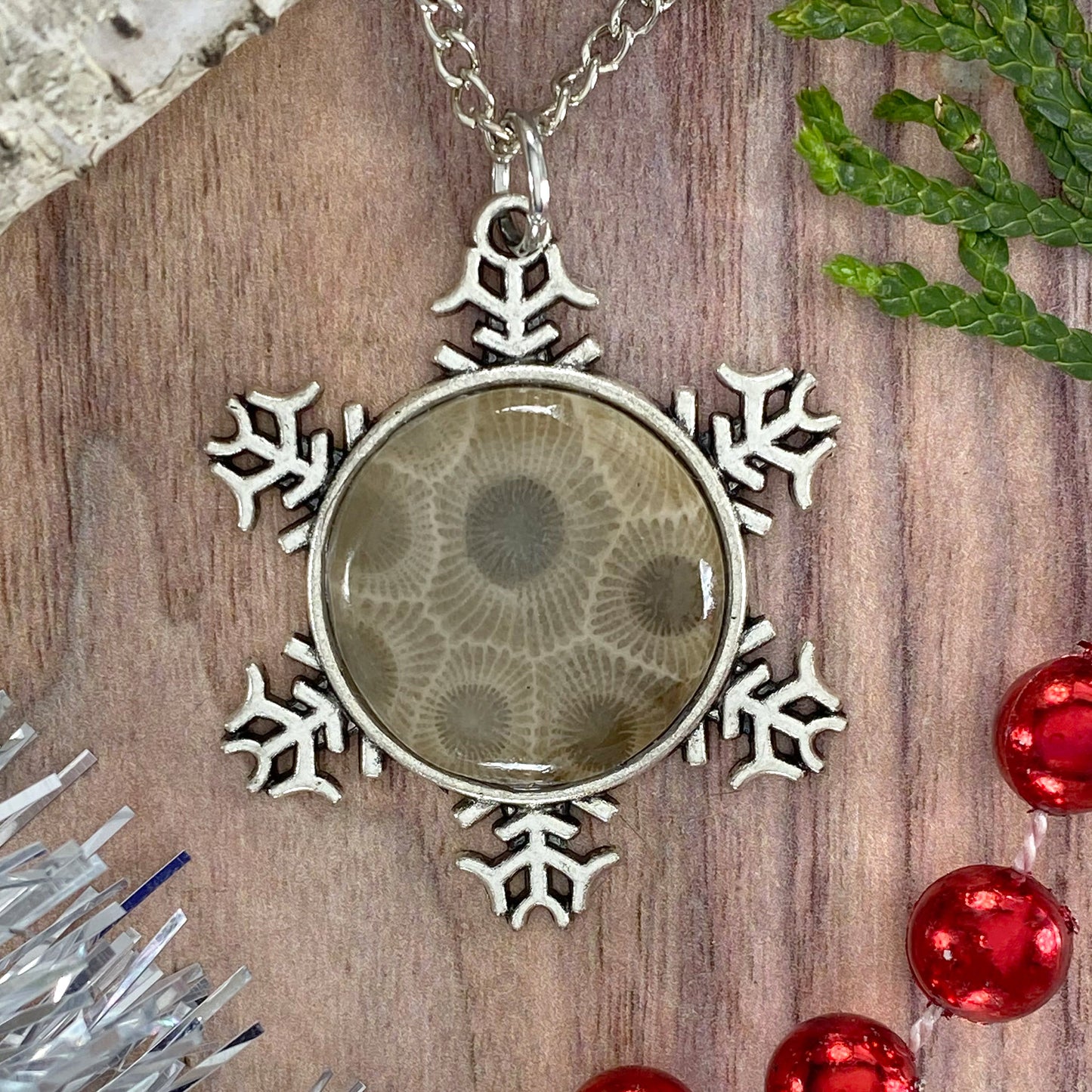 Petoskey Stone Snowflake Pendant Necklace A - Stone Treasures by the Lake