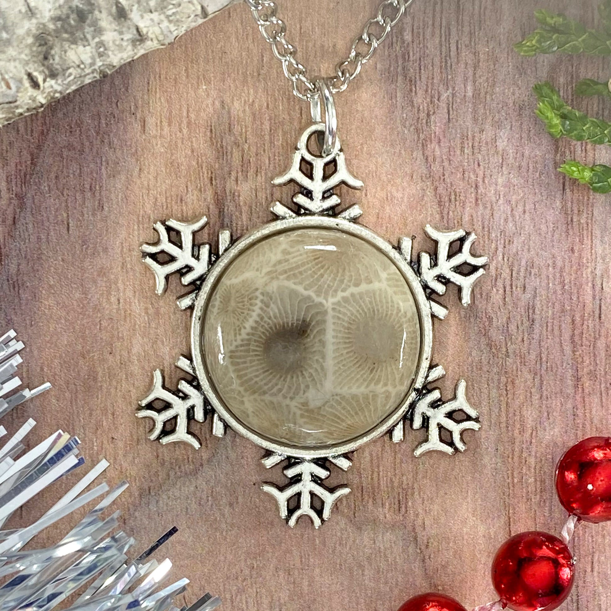 Petoskey Stone Snowflake Pendant Necklace M - Stone Treasures by the Lake