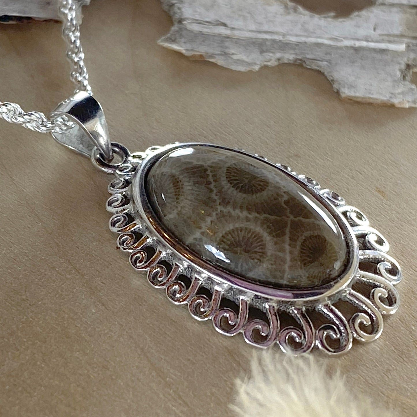 Petoskey Stone Pendant Necklace Front Viaew - Stone Treasures by the Lake