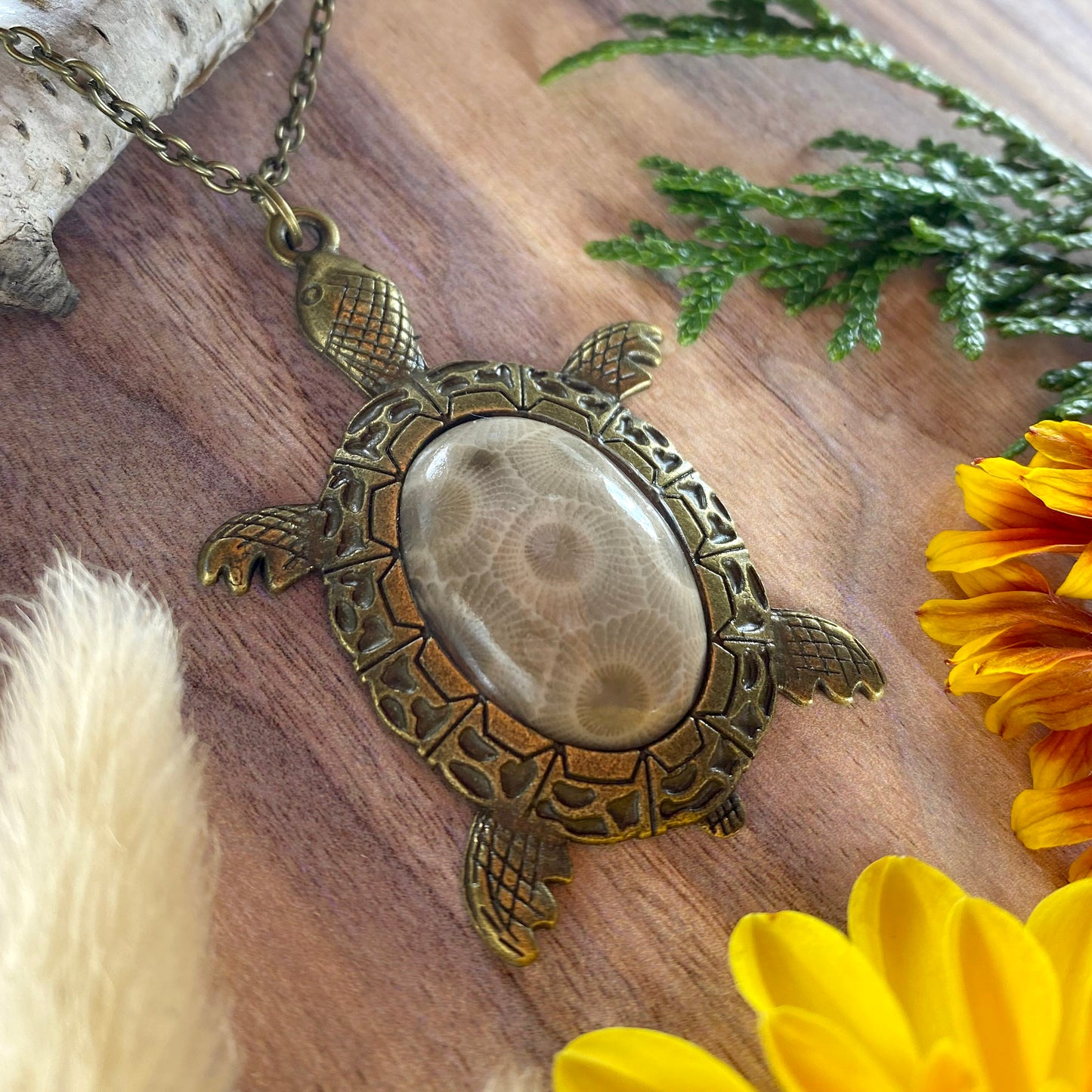 Petoksey Stone Turtle Pendant Necklace Front View III - Stone Treasures by the Lake