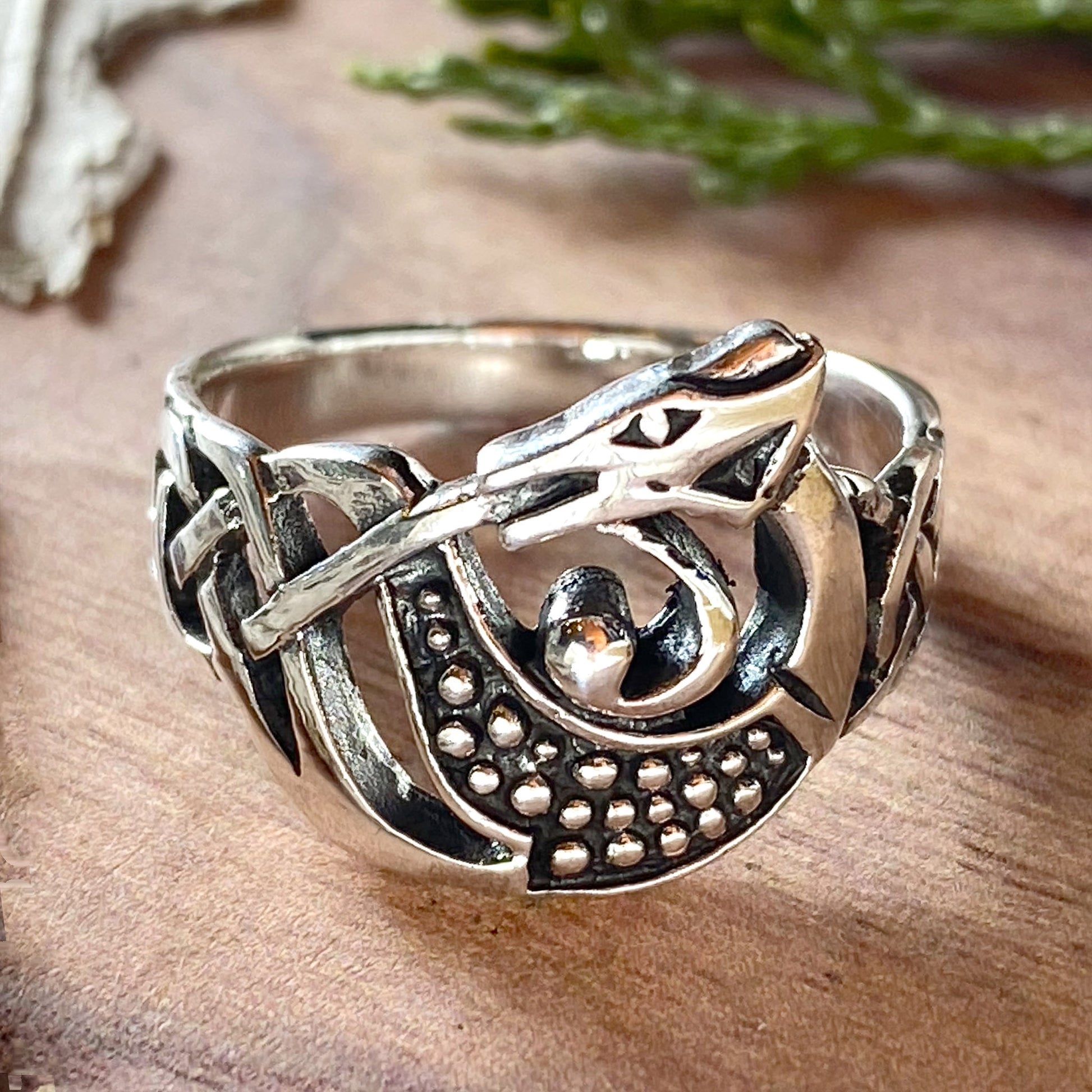Solid Sterling Silver Dragon Ring Front View - Stone Treasures by the Lake