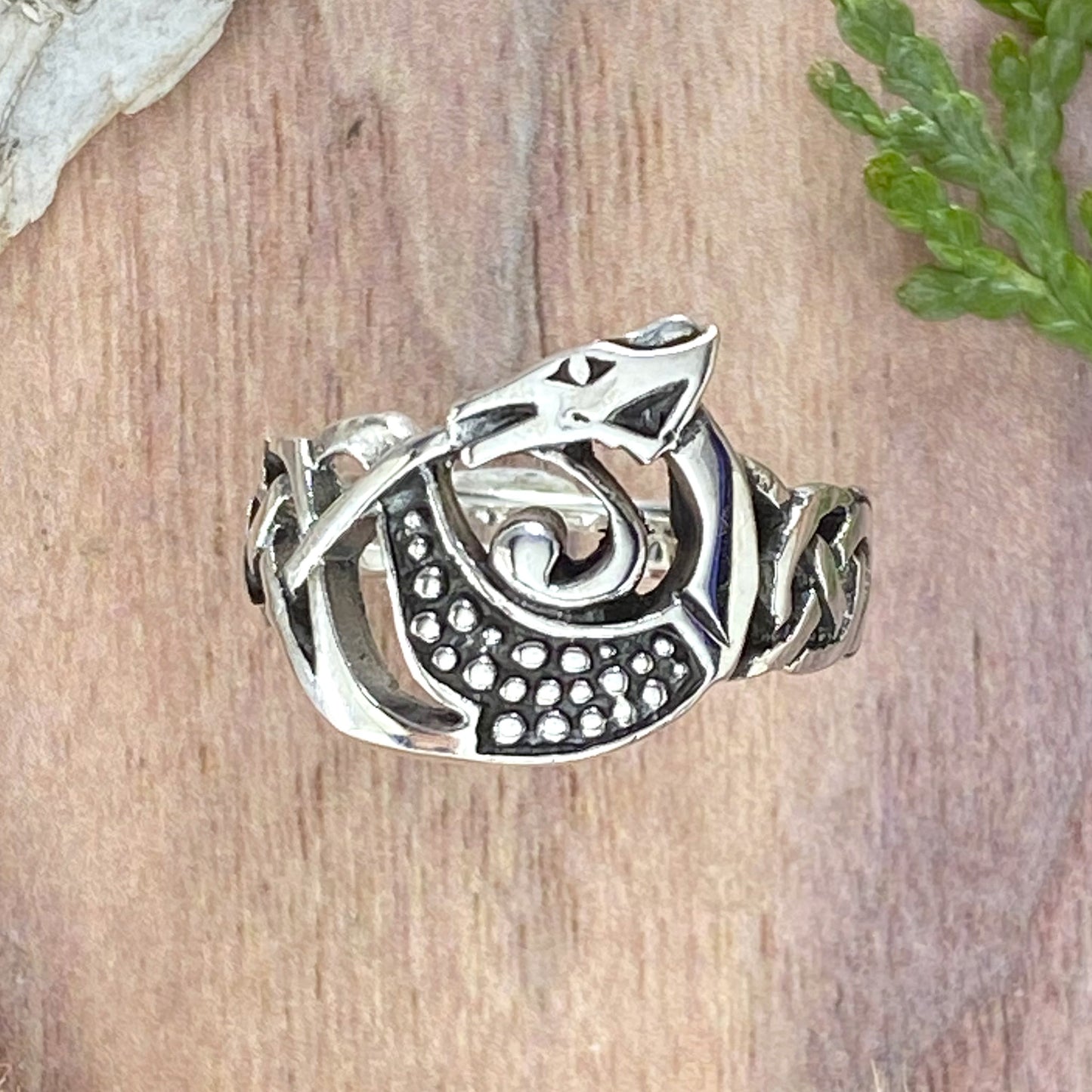 Solid Sterling Silver Dragon Ring Front View II - Stone Treasures by the Lake