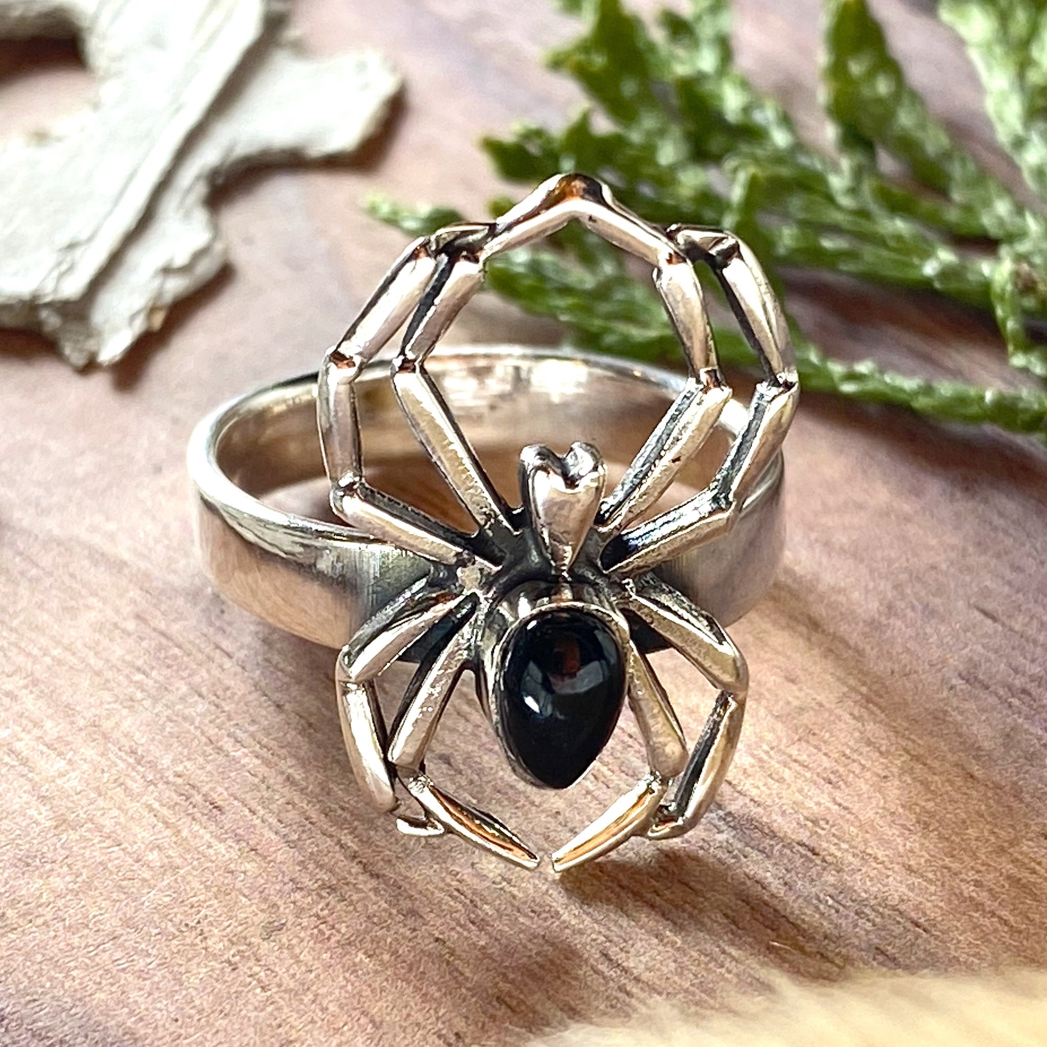 Sterling Silver Adjustable Brown Amber Spider Ring.