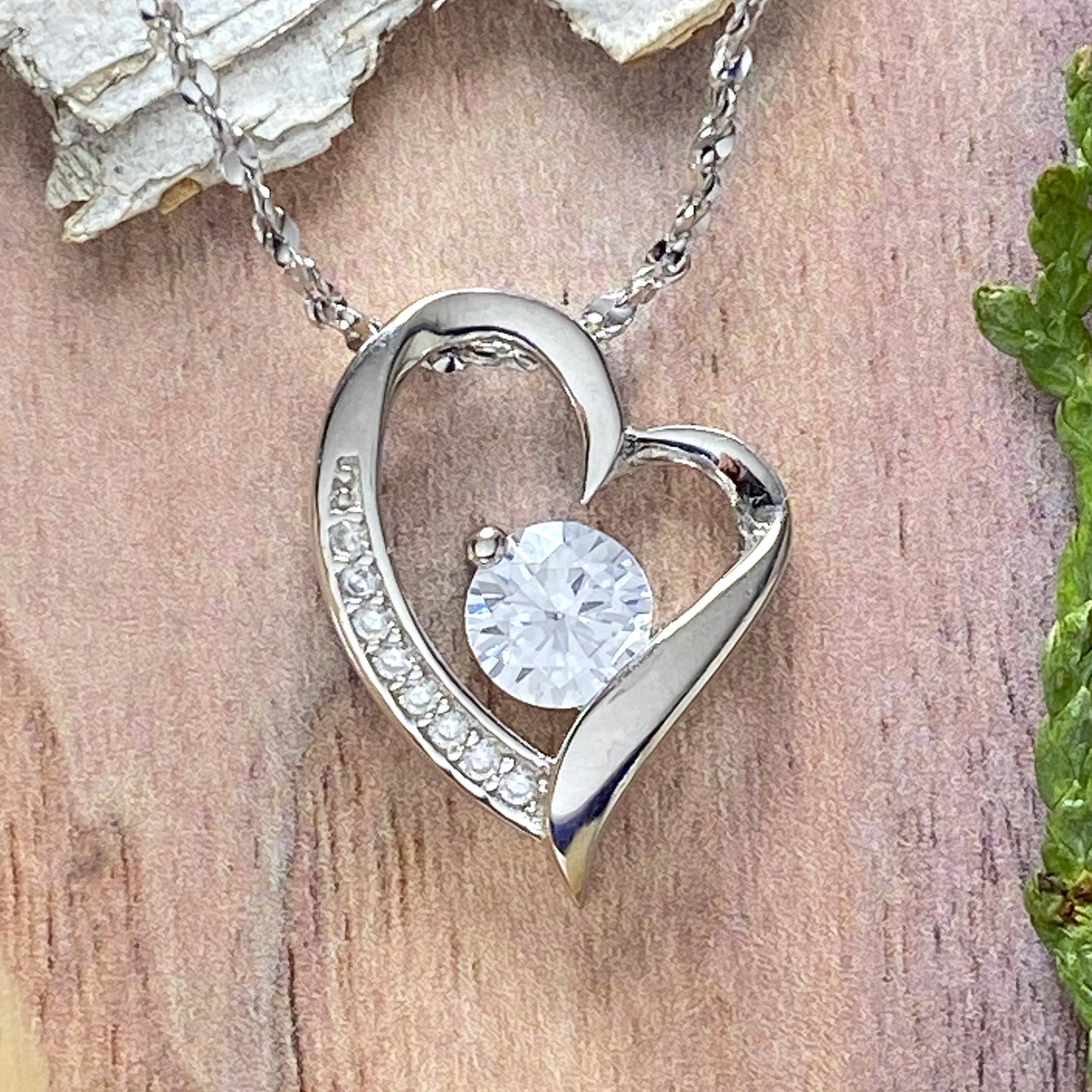 Sterling Silver Heart Pendant with Babysbreath Chain Front View - Stone Treasures by the Lake