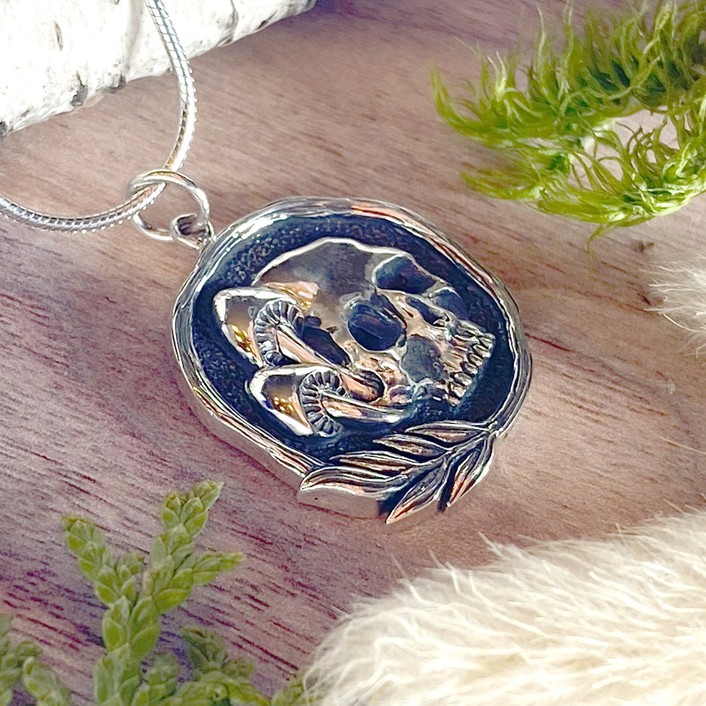 Skull and Mushroom Pendant Necklace Front View III - Stone Treasures by the Lake