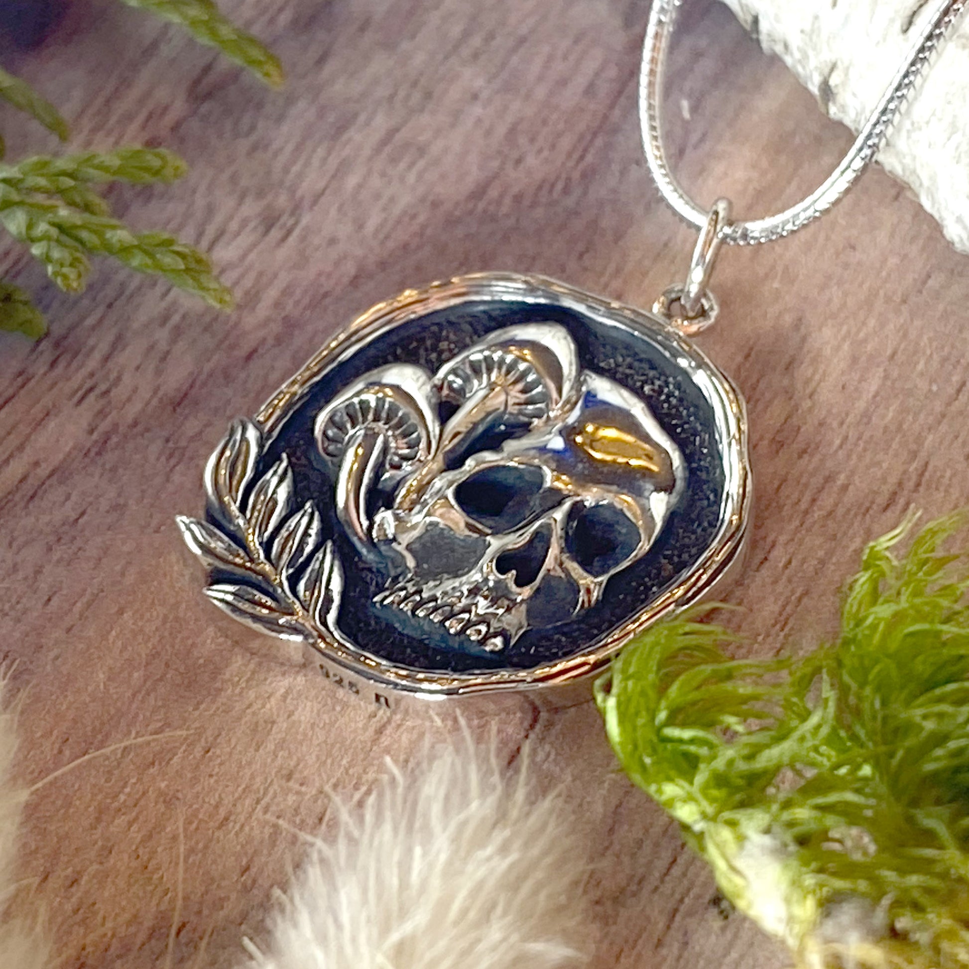 Skull and Mushroom Pendant Necklace Front View II - Stone Treasures by the Lake