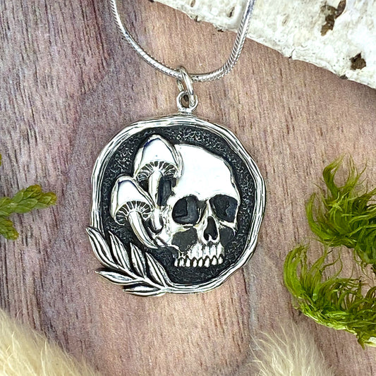Skull and Mushroom Pendant Necklace Front View - Stone Treasures by the Lake