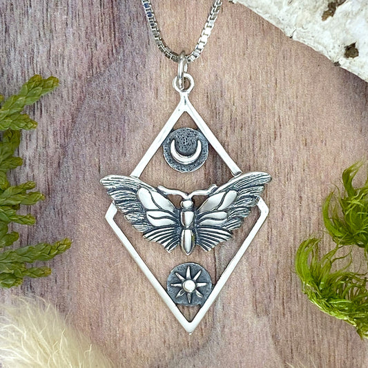 Moth, Sun and Moon Pendant Necklace Front View - Stone Treasures by the Lake