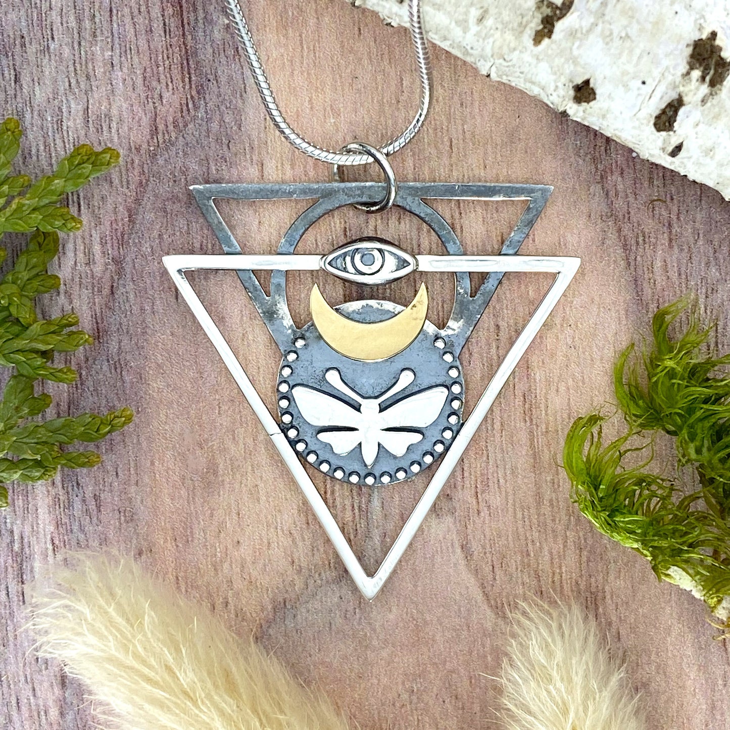 Moth and Eye Pendant Necklace Front View - Stone Treasures by the Lake