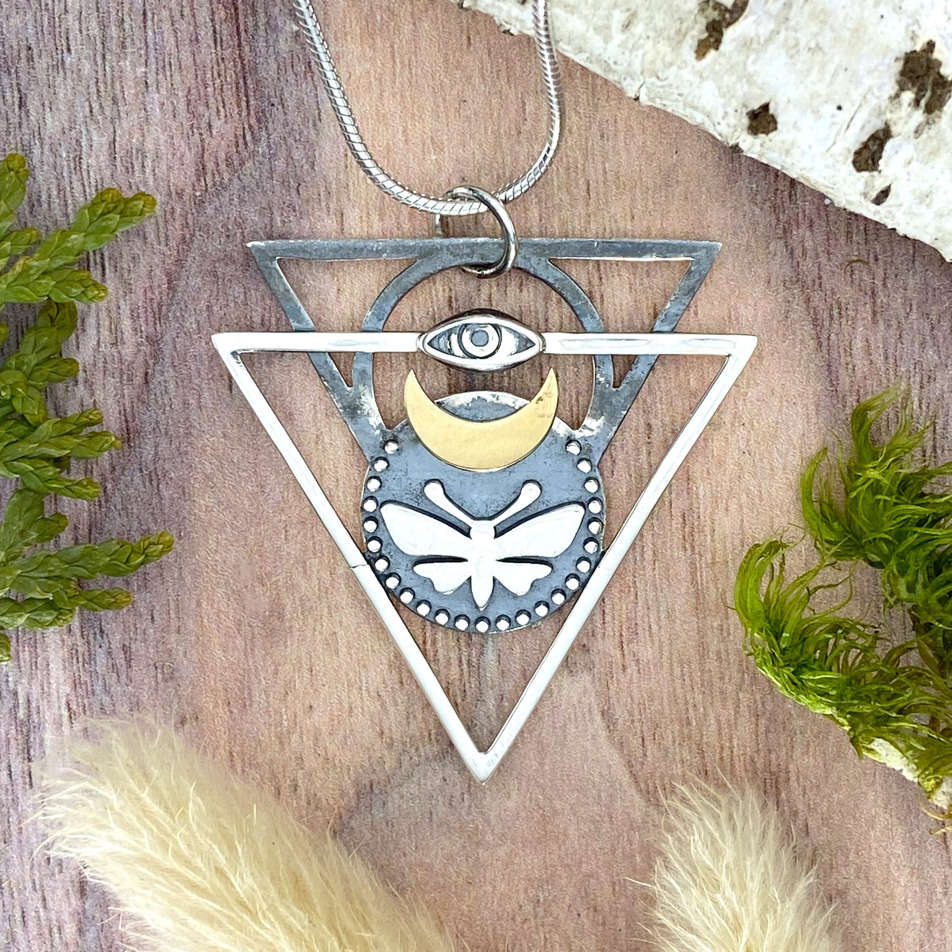 Moth and Eye Pendant Necklace Front View - Stone Treasures by the Lake